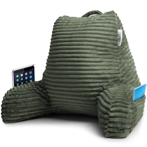 Nestl Reading Pillow with Shredded Memory Foam, Luxe Cut Plush Back Pillow for Sitting Up in Bed, Back and Arms Adjustable Support for Adult & Teens, Backrest Pillows with Washable Cover Olive Green