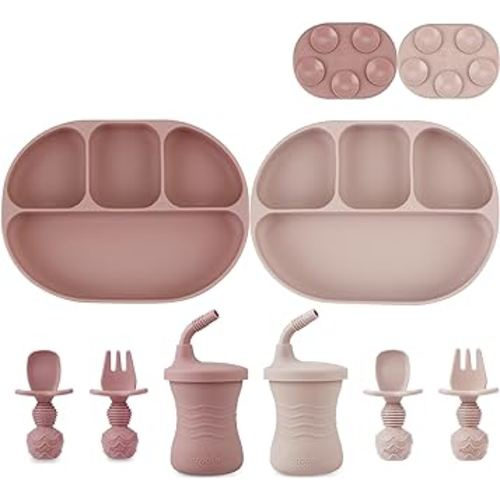 PandaEar 2 Silicone Suction Plate with 2 Tiny Sippy Cup and 2 Spoon 2 Fork for Self-Feeding, Divided Toddler Plate, 100% Silicone Baby Food Plate, BPA Free, 8 Pcs Silicone Baby Feeding Set