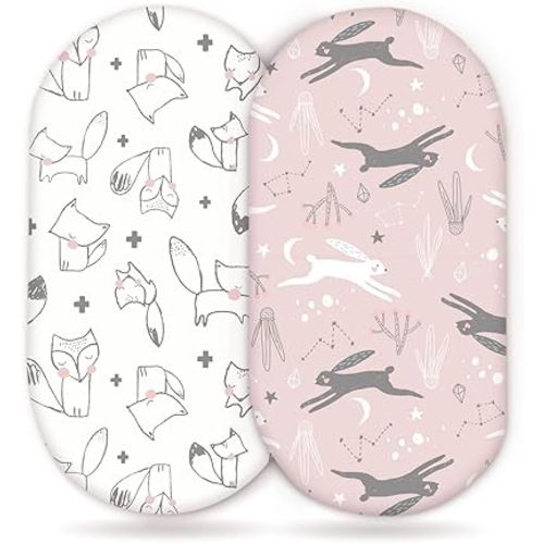 GRSSDER Stretchy Ultra Soft Fitted Bassinet Sheet Set 2 Pack, Universal Fit for Bassinets Baby Cradle Moses Basket Oval Rectangle Pad/Mattress, Cute Foxes and Rabbits Bassinet Sheets for Girls