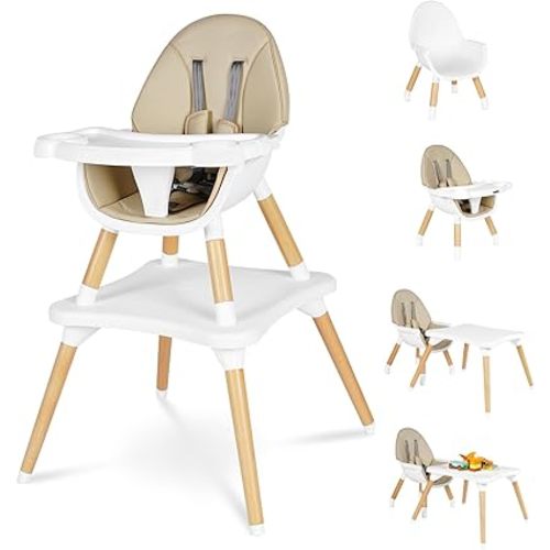 High Chair for Babies & Toddlers, Convertible Wooden 6 in 1 Baby Highchair, Table and Chair Set, Building Block Table, 5-Point Adjustable Seat Belts, 4-Position Removable Tray& PU Seat Cushion (Beige)