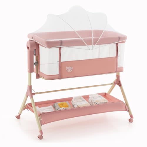 BABY JOY Bassinet, 3 in 1 Rocking Bedside Bassinet w/Storage Basket, Universal Wheels, Adjustable Height, Mattress, Net & Portable Bag, Carriable Crib Baby Bassinets Bedside Sleeper (Pink)