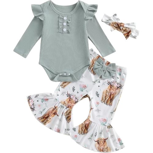 MERSARIPHY Western Baby Girl Clothes Newborn Rib Knit Ruffle Romper Bodysuit Bell-Bottom Pant Set Infant Fall Winter Outfits