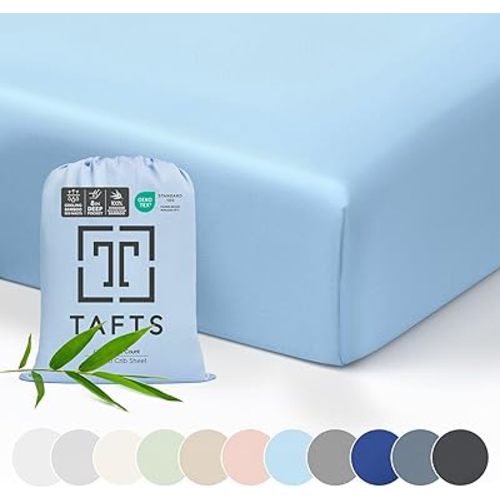 Tafts Crib Sheets, 100% Viscose derived from Bamboo Fitted, Girls, Boys & Unisex, 8 Inch Deep Pocket, Standard Crib & Toddler Mattress, Cooling, Soft, 360 Elastic, Lifetime (28 x 52 Sky Blue)