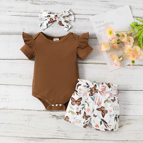 PatPat 3pcs Newborn Baby Girl Clothes Ribbed Romper Belted Shorts Headband Brown Outfits Set, 0-3 Months