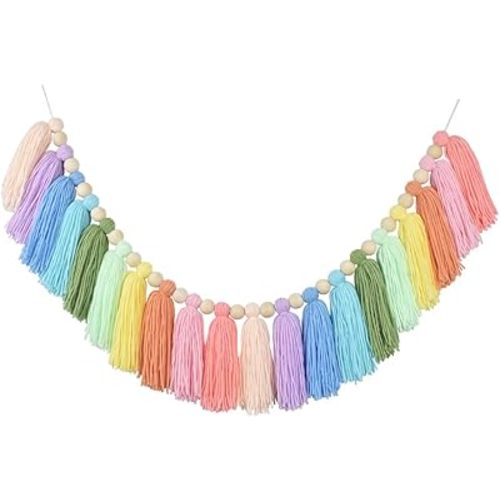 DrCor Pastel Rainbow Tassel Garland – Handmade Colorful Yarn Bunting Banner for Spring Classroom, Nursery, Kids Room, Baby Shower, Birthday Party, Back to School, Office Decor