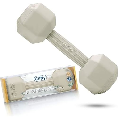 Giftty Baby Dumbbell Toy - Silicone Infant Rattle Teething Toy Teether Toddler Sensory Toy Durable Safe Exercises Workout Weight - Great Gift for Girls and Boys (1pcs 4.8oz - Cream)