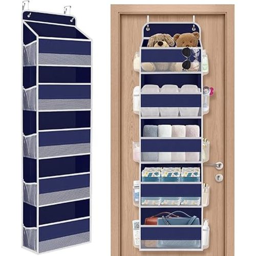 1 Pack Over The Door Organizer, Hanging Storage Organizer with Clear Window, 40lb Ultra Sturdy Large Capacity Room Organizer for Pantry Laundry Bathroom Nursery Closet (Blue)