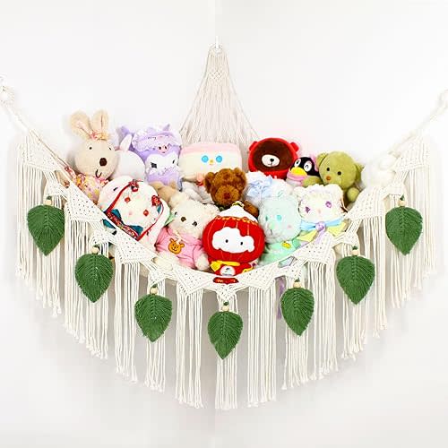 Stuffed Animal Hammock Corner Plushie Net for Stuffed Animals Storage Wall-Mounted Net Toy Storage Organizer Kids Room Storage Organizer for Bedroom Macrame Stuffed Animals Toys Hammock (White, L)