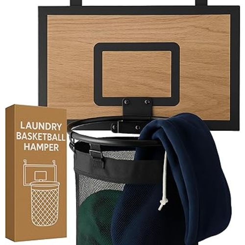 ActiveJoy – Basketball Laundry Hamper – Wooden Backboard & Mesh Hoop Laundry Basket – Over Door Hanging Organizer for Kids - Cedarwood Brown