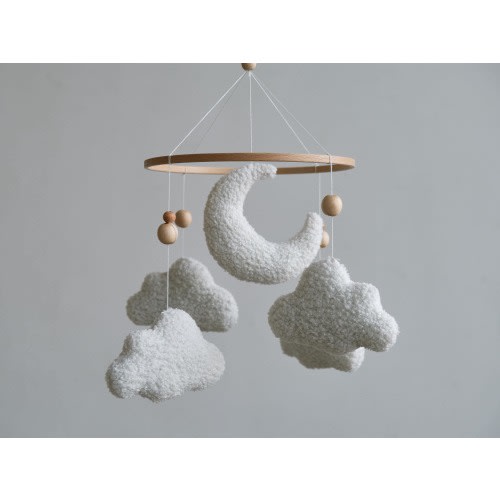 Boucle baby mobile, Clouds baby white mobile crib, Cloud nursery decor, Moon nursery mobile, Baby shower gift, Boucle mobile, Custom mobile
