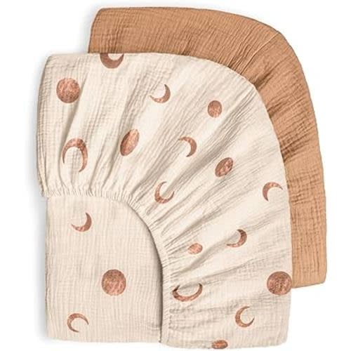 Bearmoss Muslin Crib Sheets 100% Cotton Baby Crib Sheets Fitted for Standard Crib Mattress & Toddler Bed Mattress 52"x28" Soft Breathable Crib Sheets Neutral for Boys Girls - 2 Pack (Brown Moon)