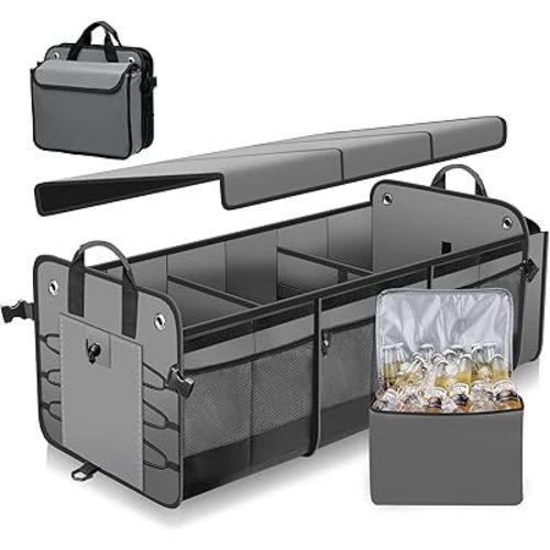 Large Trunk Organizer with Removable Cooler Bag-Collapsible Multi Compartments w/Foldable Cover, Non Slip Bottom Cargo Storage Suitable for Any Car, SUV, Truck, or Van(3 compartments,Black)