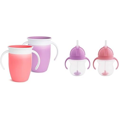 Munchkin® Miracle® 360 Trainer Sippy Cup with Handles, Spill Proof, 7 Ounce, 2 Pack, Pink/Purple & Any Angle™ Weighted Straw Trainer Cup with Click Lock™ Lid, 7 Ounce, 2 Pack, Pink/Purple