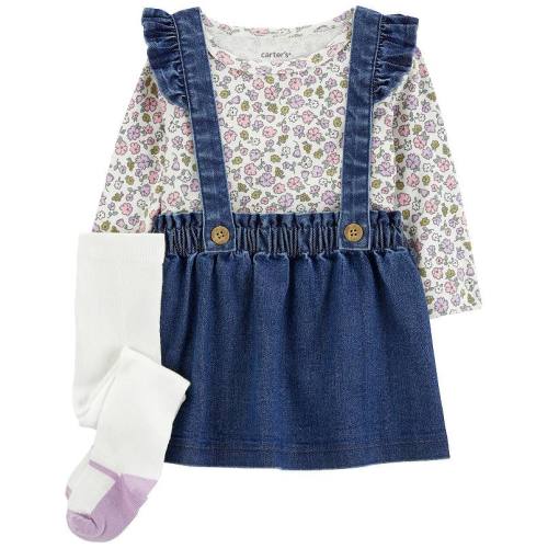 Baby Girl Carter's 3-pc. Floral Long-Sleeve Tee & Chambray Jumper Set