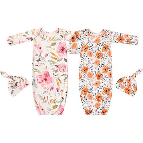 Newborn Baby Sleeper Gown with Hat Knotted Gown Nightgown Coming Home Outfits for Baby Girl 2 Pieces Set