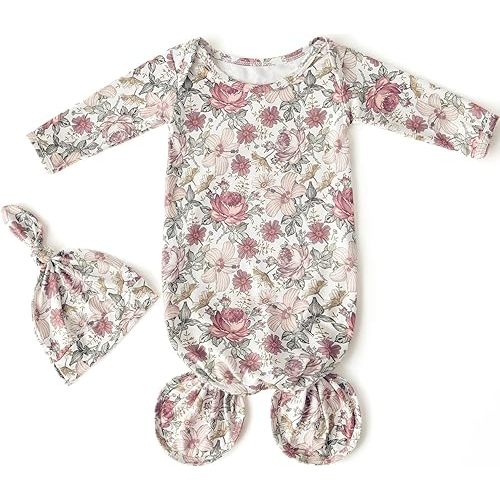 Little Jump Soft newobrn knot gown Baby Sleeper Set with Hat, Newborn Unisex, Viscose