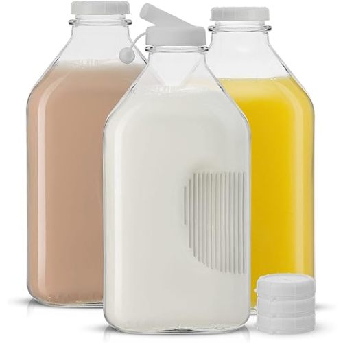 JoyJolt Glass Milk Bottles with Lids and Pourer – 64 Oz, 3 Pack Airtight Heavy Duty Reusable Glass Bottles, Leakproof, BPA-Free, Food Grade, Dishwasher Safe Jug, Pitcher for Milk, Juice, and Water