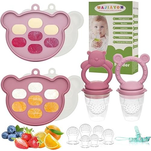 Baby Breastmilk Popsicle Molds & Baby Fruit Feeder (6 Pack), WAJIAYON Baby Food Freezer Tray Storage Containers, Silicone Teething Pacifier Feeder and Teether for Babies,Moss and Fawn Baby Feeder