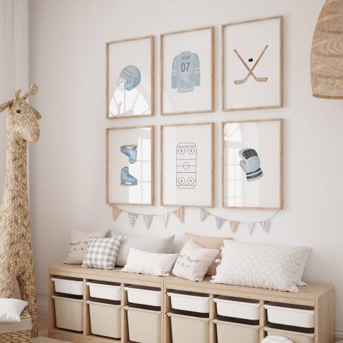 Blue ice hockey nursery room poster, physical prints, print &ship Blue Sports nursery decor, boys Playroom decor, Kids Athlete wall decor