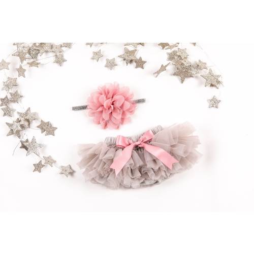 Baby Girl Ruffle Bottom Tutu Bloomer & Headband Set in Gray with Mauve Ribbon - Newborn Photo Set - Cake Smash - Diaper Cover - Baby Gift
