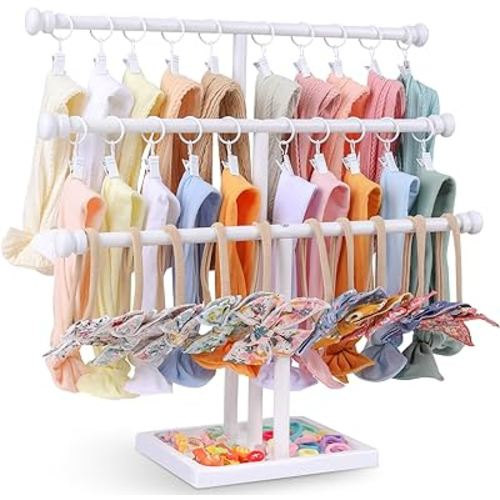 POVETIRE Headband Holder Stand Storage for Baby, 3 Tier Wooden Bow Organizer for Girls Hair Bows, Infant Hair Accessories Rack Display for Nursery Decor