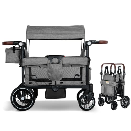 TODEFULL Wagon Stroller for 2 Kids, Foldable Kids Wagon Cart Featuring with Harnesses, Adjustable Double Push Handle, Removable Canopy, Snack Tray, Large Storage Bag, Gray
