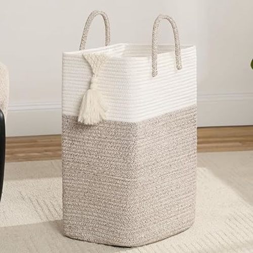 Tall Laundry Basket,Woven Cotton Rope Laundry Hamper Sorters,60L Versatile Storage for Dirty Clothes,Baby Toys,and Blankets in Bathroom, Nursery,and Living Room (White Brown,50L)