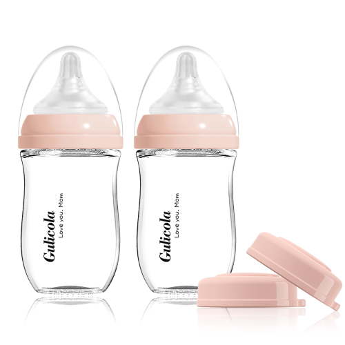 Gulicola Natural Glass Baby Bottles, Breastfeeding, Wide Neck, Slow Flow Nipple, 5 oz, 2 Pack, Pink