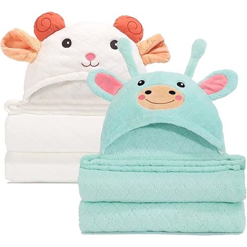Hooded Bath Towels for Babies, 50 * 32 Inches Skin-Friendly Baby Towel with Animal Hood, 2-Pack Ultra Absorbent Thick Soft for Boys&Girls, White Sheep & Green Giraffe