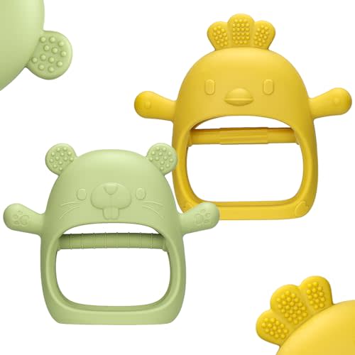 TinyHalo 2pcs Silicone Baby Teething Toys, Self-Soothing Healthy Oral Development Teething Mittens, BPA Free, Anti-Drop, Adorable and Colorful Baby Chew Toys for Sucking Needs (Mango)