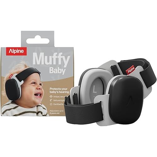 Alpine Muffy Baby Comfort - Protects Hearing for Babies and Toddlers - CE & ANSI Certified - Unique Headband for Safe fit & Comfort - Multi-adjustable for Ages 3-48 Months, 24dB Sound Reduction, Black