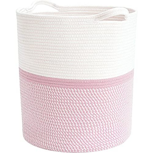 INDRESSME Cotton Basket 17¾ x 15¾ x 13¾ inches Woven Hamper Pink Girl Basket for Gift Toy Blanket Corner Basket in living Room