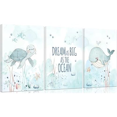 Ocean Nursery Canvas Wall Art Sea Turtle Whale Animal Painting Picture Wall Decor Sea Kids Room Poster Print Artwork for Baby Boys Girl Children's Room Bedroom Home Decoration