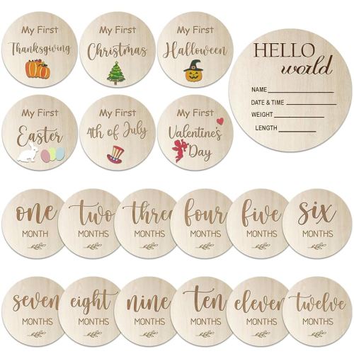 10 Pack Baby Monthly Milestone Signs – Wooden Double-Sided Discs for 1-12 Months, My First Holiday & Hello World Birth Announcement, Newborn Photo Props & Baby Shower Keepsake Gift for Boys & Girls