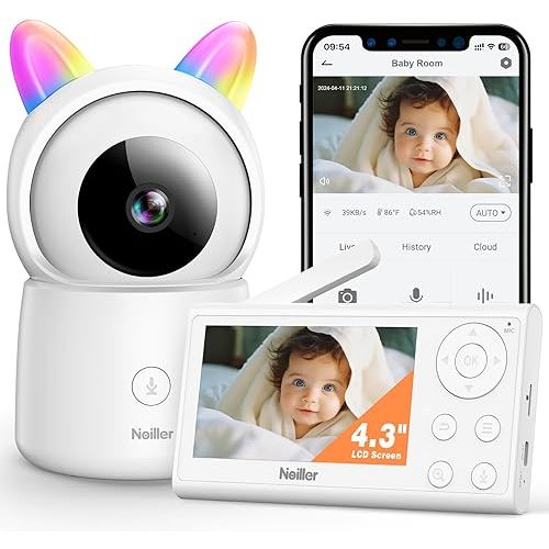 Baby Monitor, 4.3" Video Baby Monitor with 1080P Camera, Smart 2.4G WiFi Audio Monitor with Remote PTZ, Night Vision, 2-Way Talk, Sleep Mode, RGB Night Lights, Lullabies & 1000ft Range, APP Control
