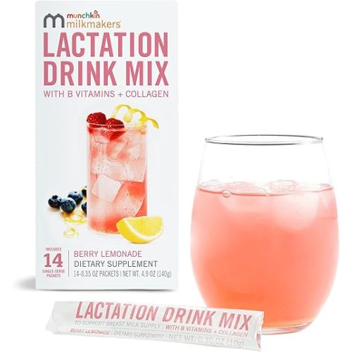 Munchkin® Milkmakers® Lactation Drink Mix Supplement with B Vitamins/Collagen/Fenugreek & Milk Thistle for Breastfeeding Moms, Berry Lemonade, 14 Count