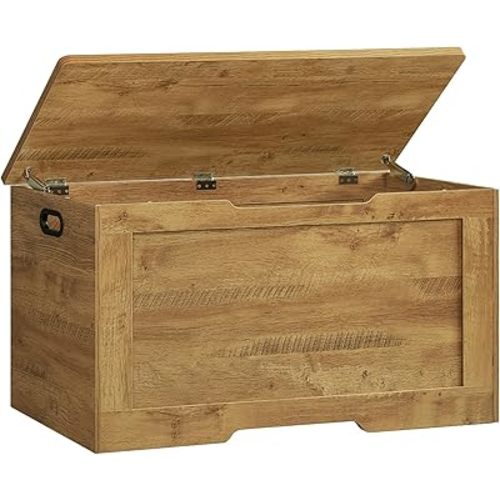 usikey 39.4” Storage Bench, Toy Box with 2 Safety Hinges, Lift Top Storage Chest, Toy Chest for Living Room, Bedroom, Entryway, Honey Brown