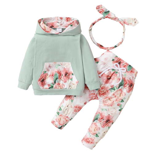 Newborn Baby Girls Clothes 3 Months Girls 3PCS Hoodie Outfits Set Flower Print Newborn Girls Long Sleeve Top Pants Set with Headband Green