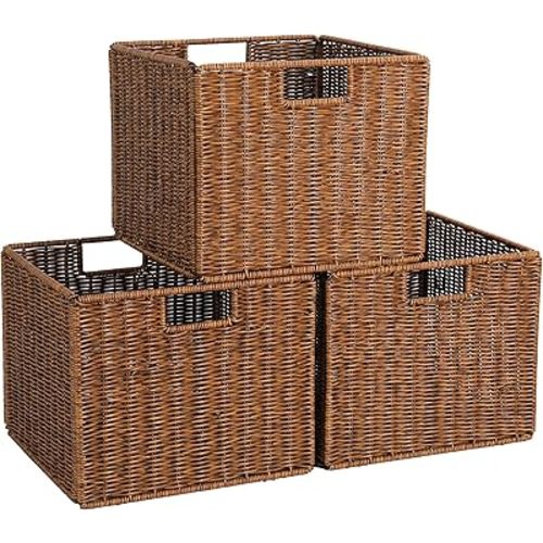 Wicker Storage Basket - Large 12x12x10in Cube, Woven Wicker for Shelves, Pantry, Kitchen & Bathroom Organization (Brown)