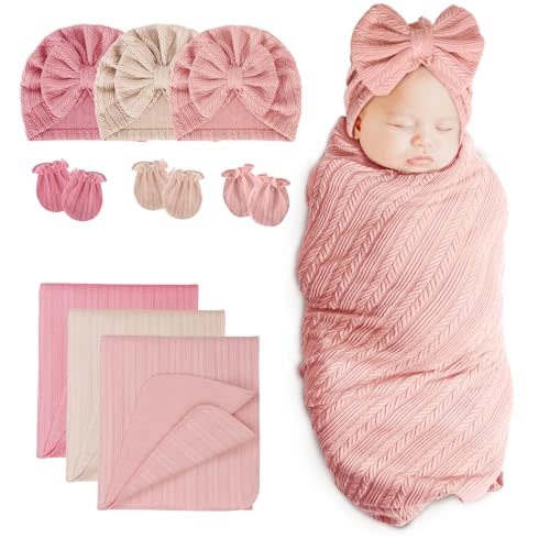 BQUBO Newborn Receiving Blanket Hat Mittens Set for Baby, Unisex Baby Boys Girls Essentials, Newborn Registry Must Haves, Stroller Crib Shower Gifts