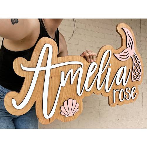 Mermaid name sign, large wood name sign, nursery name sign, mermaid nursery, above crib cut out, layered baby name sign, seashell name sign