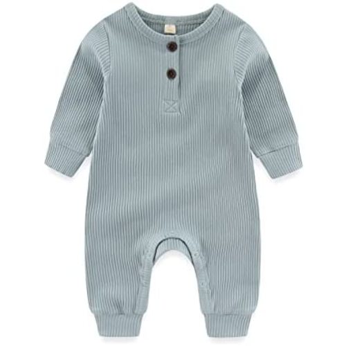 Newborn Baby Boys Girls One Piece Romper with Mitten Cuffs Solid Long Sleeve Ribbed Button Jumpsuit Outfit Clothes