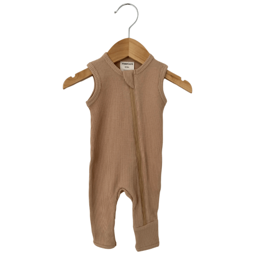 Organic Waffle Sleeveless Zip Romper, Tan