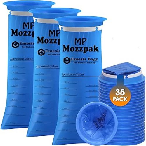 MP MOZZPAK Vomit Bags Disposable – 35 Pack – 1000ml Barf Bags – Leak Resistant, Medical Grade, Portable Emesis Bags, Puke, Throw Up, Nausea Bags for Travel Motion Sickness (Blue)