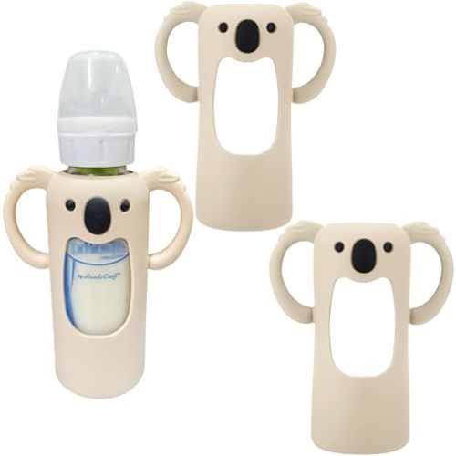 2 Pcs Silicone Sleeve Compatible with Dr. Brown Narrow Glass Baby Bottle 8 oz/250 mL, Cute Koalas Shape Drop Protection Sleeves with Silicone Handles (2 Beige, 8 Ounce)