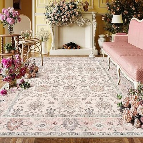Lahome Pink Floral 8x10 Rug Non Slip, Washable Large Rugs for Living Room Ultra-Thin Boho Rugs for Bedroom, Vintage Floral Print Carpet Rug for Dining Room Nursery Room Dorm Classroom (Pink, 8' x 10')