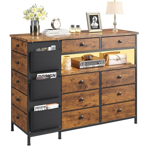 EnHomee Dresser for Bedroom with 13 Fabric Drawers and LED Lights, Closet Island with Drawers, Dressers & Chests of Drawers with Side Pocket for Girl Bedroom Closet Organizer, Rustic Brown