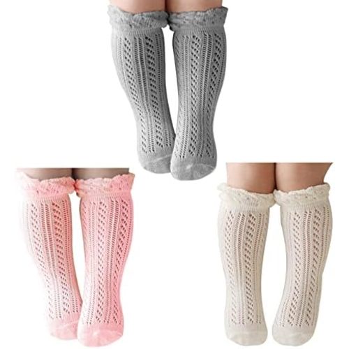 ACTLATI Baby Girls Knee High Socks Hollow Out Anti-skid Knitting Stockings Suitable for 0-2 Years Infants Toddlers