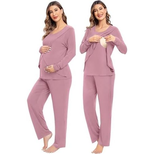 SWOMOG Women Maternity Pajama Set Nursing Pjs Double Layer Long Sleeve Top & Pants Breastfeeding Pregnancy Set with Pockets