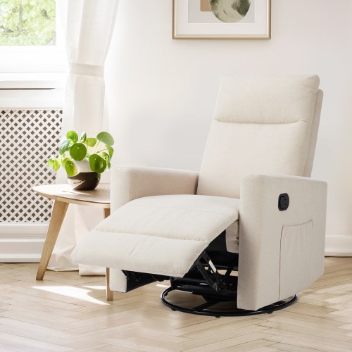 Recliner Chair, Swivel Rocking Glider, Nursery Recliner with Extra Large Footrest, High Back Upholstered Deep Seat for Living Room, Beige